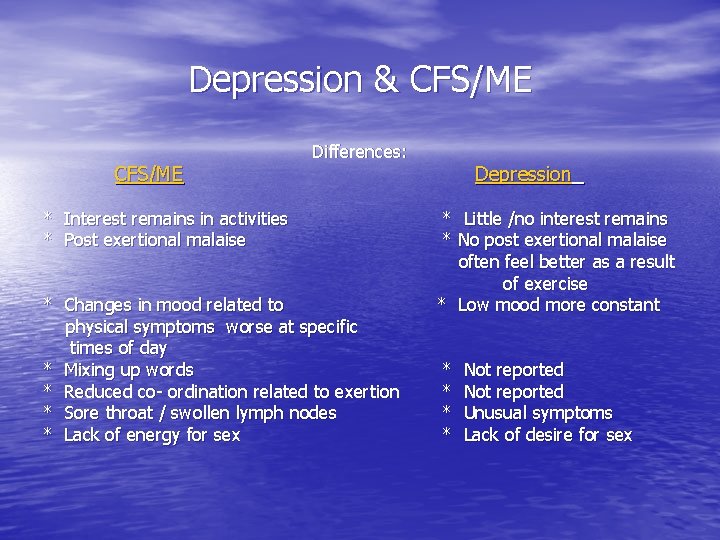 Depression & CFS/ME Differences: * Interest remains in activities * Post exertional malaise *
