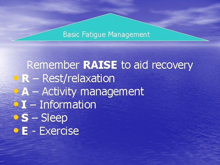 Basic Fatigue Management Remember RAISE to aid recovery • R – Rest/relaxation • A