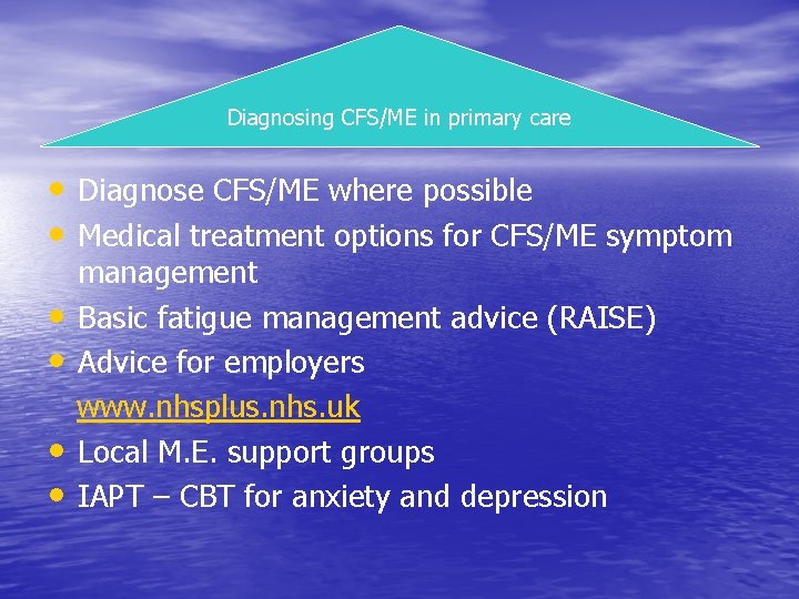 Diagnosing CFS/ME in primary care • Diagnose CFS/ME where possible • Medical treatment options