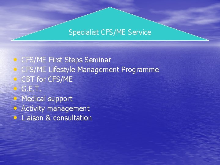 Specialist CFS/ME Service • • CFS/ME First Steps Seminar CFS/ME Lifestyle Management Programme CBT