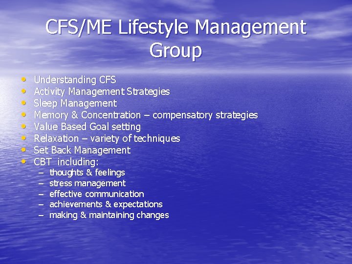 CFS/ME Lifestyle Management Group • • Understanding CFS Activity Management Strategies Sleep Management Memory