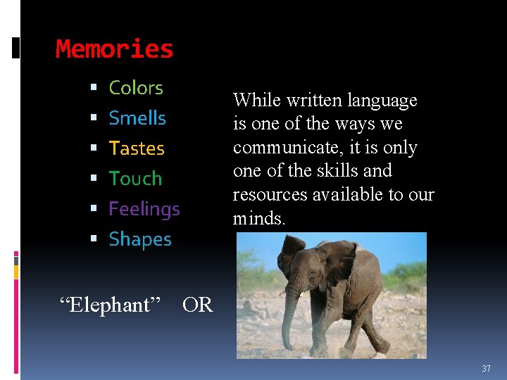 Memories Colors Smells Tastes Touch Feelings Shapes “Elephant” While written language is one of