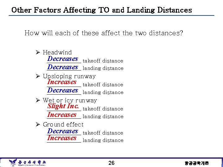 Other Factors Affecting TO and Landing Distances How will each of these affect the
