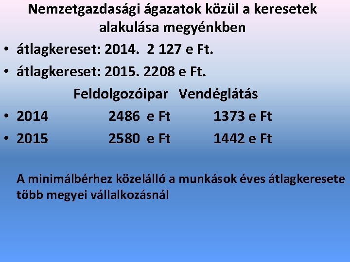  • • Nemzetgazdasági ágazatok közül a keresetek alakulása megyénkben átlagkereset: 2014. 2 127