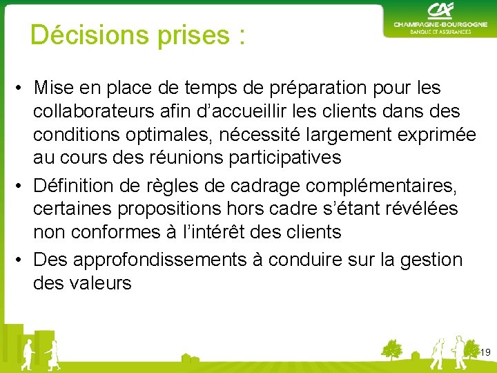 Décisions prises : • Mise en place de temps de préparation pour les collaborateurs