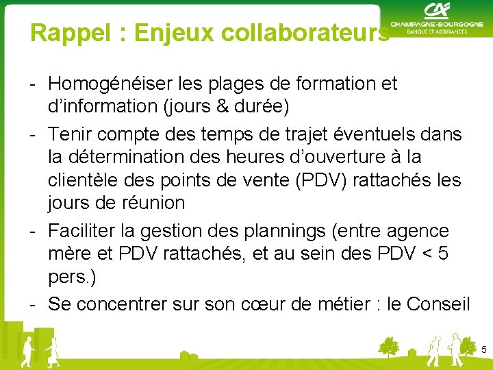 Rappel : Enjeux collaborateurs - Homogénéiser les plages de formation et d’information (jours &