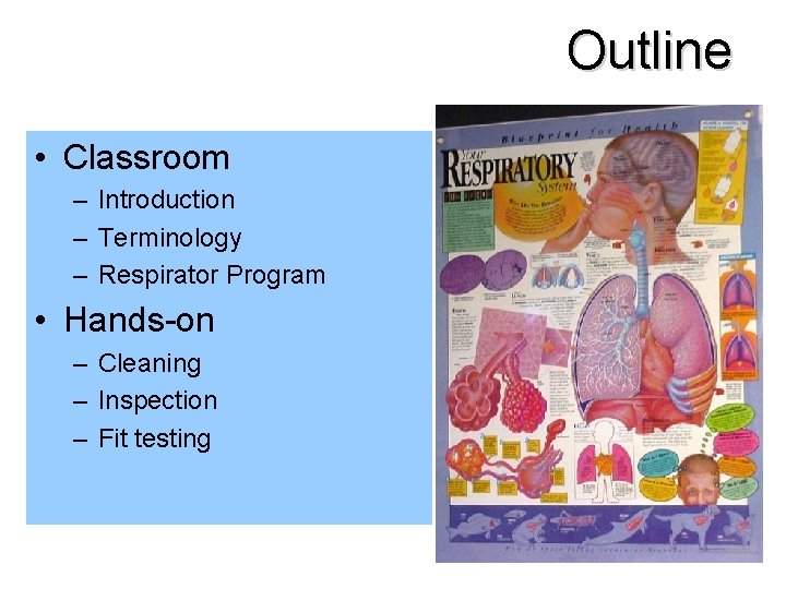Outline • Classroom – Introduction – Terminology – Respirator Program • Hands-on – Cleaning