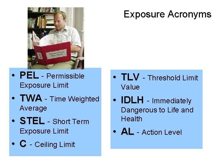 Exposure Acronyms • PEL - Permissible Exposure Limit • TWA - Time Weighted Average