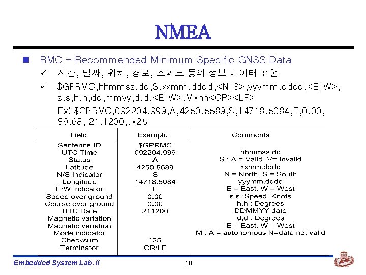 NMEA n RMC - Recommended Minimum Specific GNSS Data ü ü 시간, 날짜, 위치,