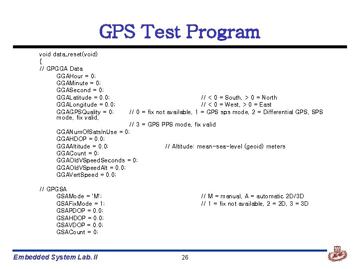 GPS Test Program void data_reset(void) { // GPGGA Data GGAHour = 0; GGAMinute =