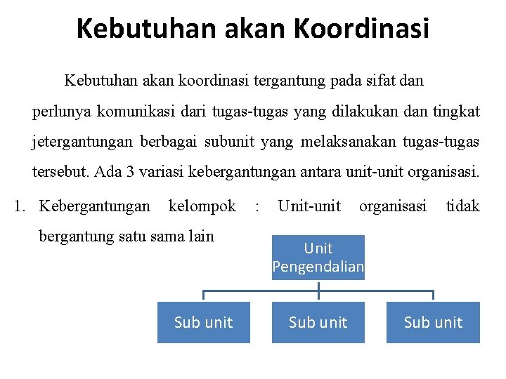 Kebutuhan akan Koordinasi Kebutuhan akan koordinasi tergantung pada sifat dan perlunya komunikasi dari tugas-tugas