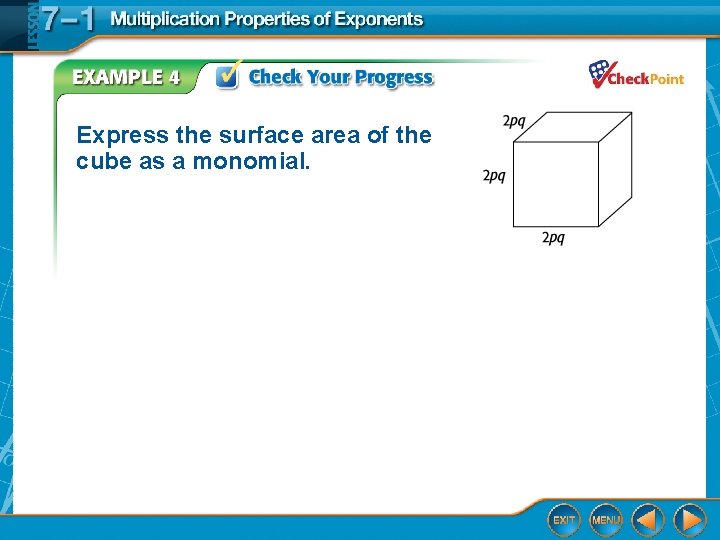 Express the surface area of the cube as a monomial. 