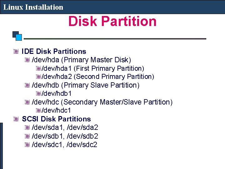 Linux Installation Disk Partition IDE Disk Partitions /dev/hda (Primary Master Disk) /dev/hda 1 (First