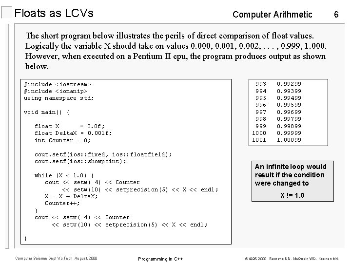 Floats as LCVs Computer Arithmetic 6 The short program below illustrates the perils of Floats as LCVs Computer Arithmetic 6 The short program below illustrates the perils of