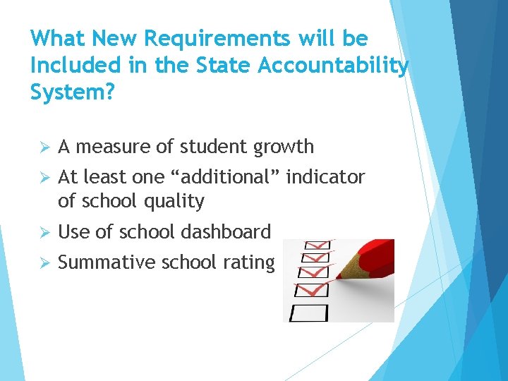 What New Requirements will be Included in the State Accountability System? Ø A measure What New Requirements will be Included in the State Accountability System? Ø A measure