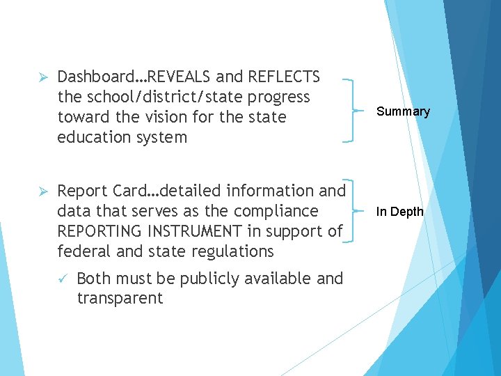 Ø Ø Dashboard…REVEALS and REFLECTS the school/district/state progress toward the vision for the state Ø Ø Dashboard…REVEALS and REFLECTS the school/district/state progress toward the vision for the state