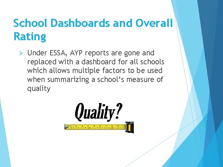 School Dashboards and Overall Rating Ø Under ESSA, AYP reports are gone and replaced School Dashboards and Overall Rating Ø Under ESSA, AYP reports are gone and replaced