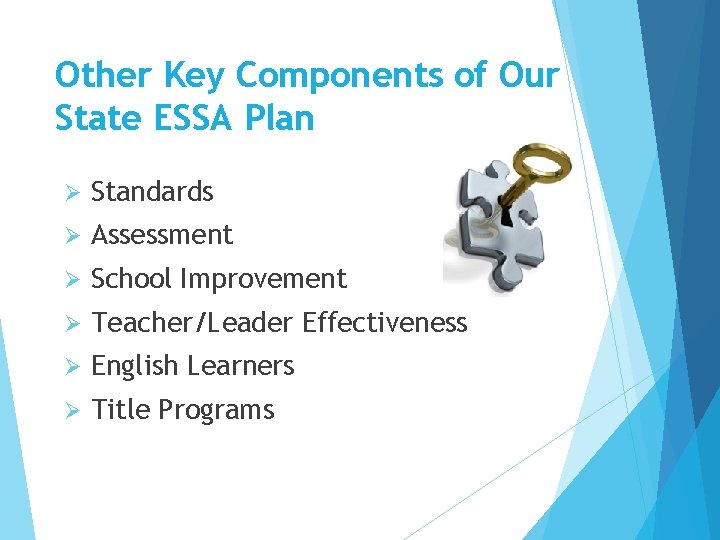 Other Key Components of Our State ESSA Plan Ø Standards Ø Assessment Ø School Other Key Components of Our State ESSA Plan Ø Standards Ø Assessment Ø School