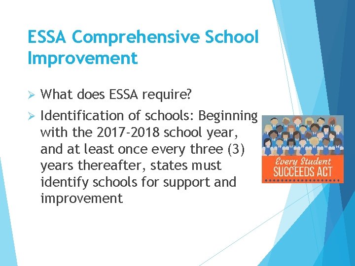 ESSA Comprehensive School Improvement Ø What does ESSA require? Ø Identification of schools: Beginning ESSA Comprehensive School Improvement Ø What does ESSA require? Ø Identification of schools: Beginning