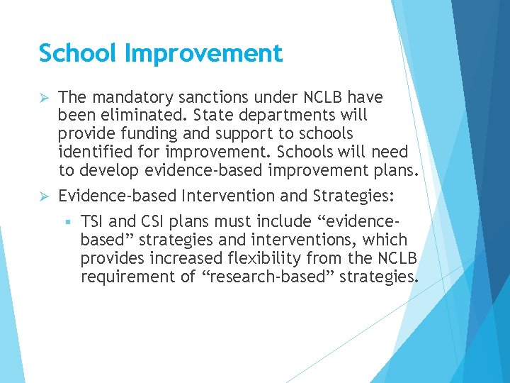 School Improvement The mandatory sanctions under NCLB have been eliminated. State departments will provide School Improvement The mandatory sanctions under NCLB have been eliminated. State departments will provide