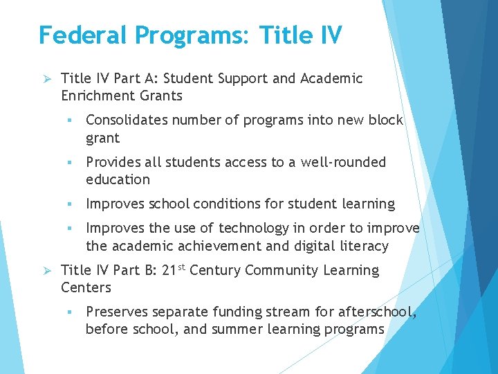 Federal Programs: Title IV Ø Ø Title IV Part A: Student Support and Academic Federal Programs: Title IV Ø Ø Title IV Part A: Student Support and Academic