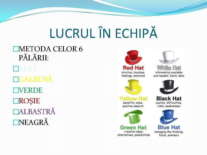 LUCRUL ÎN ECHIPĂ �METODA CELOR 6 PĂLĂRII: �ALBĂ �GALBENĂ �VERDE �ROŞIE �ALBASTRĂ �NEAGRĂ 