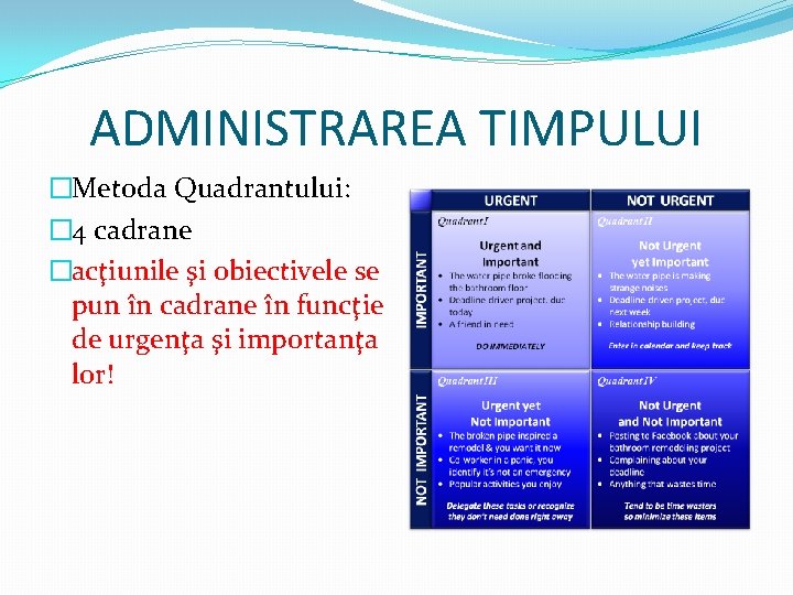 ADMINISTRAREA TIMPULUI �Metoda Quadrantului: � 4 cadrane �acţiunile şi obiectivele se pun în cadrane