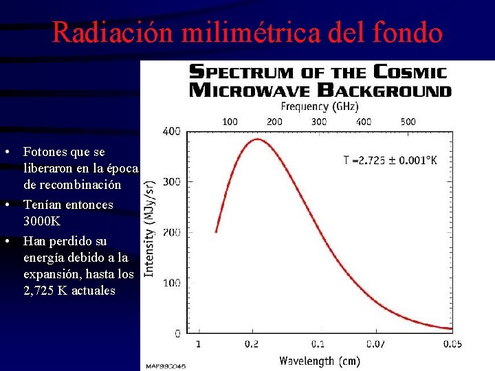 Radiación milimétrica del fondo • Fotones que se liberaron en la época de recombinación