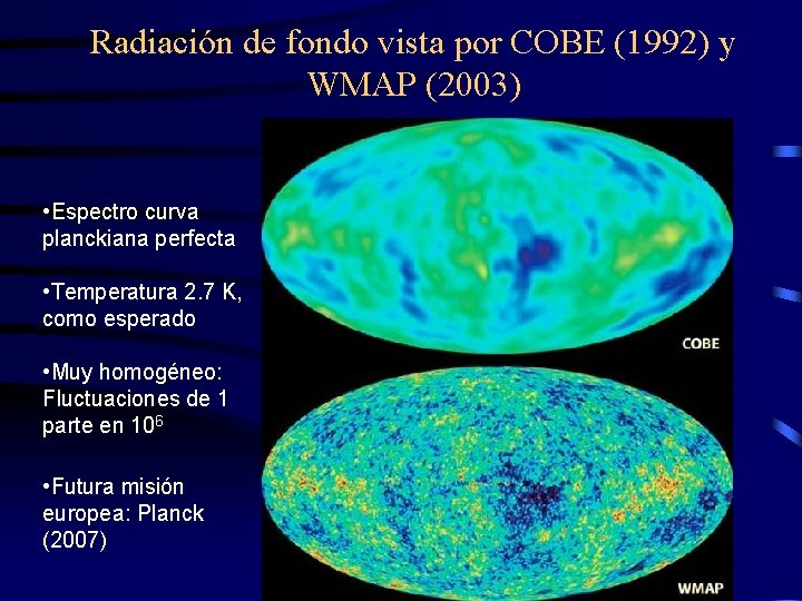 Radiación de fondo vista por COBE (1992) y WMAP (2003) • Espectro curva planckiana