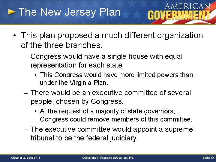The New Jersey Plan • This plan proposed a much different organization of the