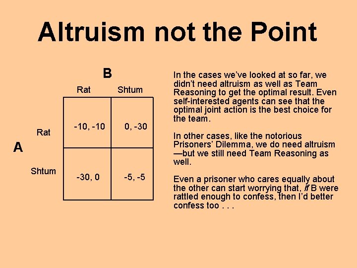 Altruism not the Point B Rat Shtum -10, -10 0, -30, 0 -5, -5