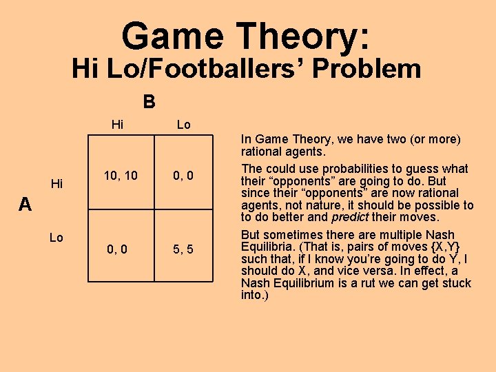 Game Theory: Hi Lo/Footballers’ Problem B Hi Hi Lo 10, 10 0, 0 5,