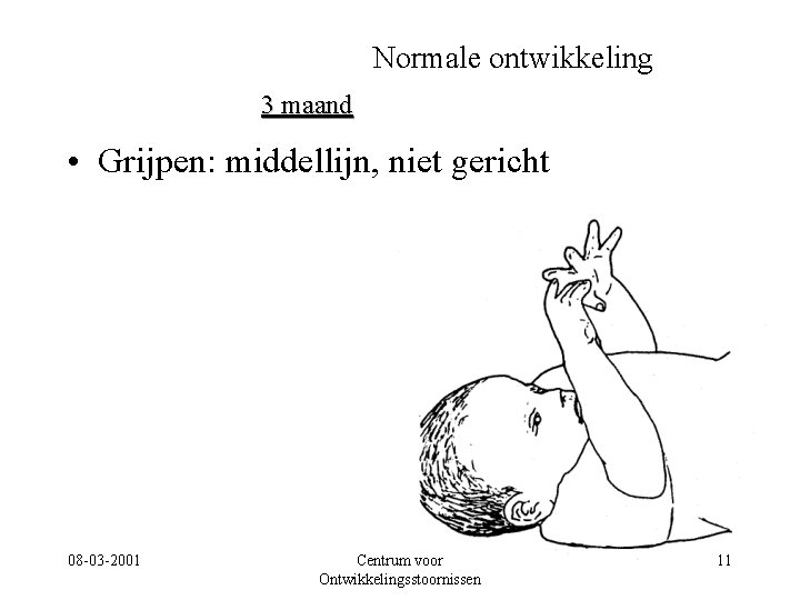 Normale ontwikkeling 3 maand • Grijpen: middellijn, niet gericht 08 -03 -2001 Centrum voor