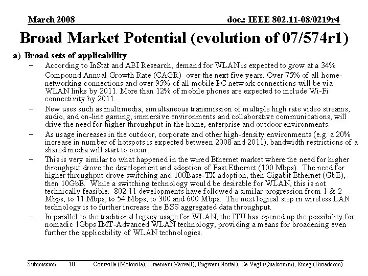 March 2008 doc. : IEEE 802. 11 -08/0219 r 4 Broad Market Potential (evolution
