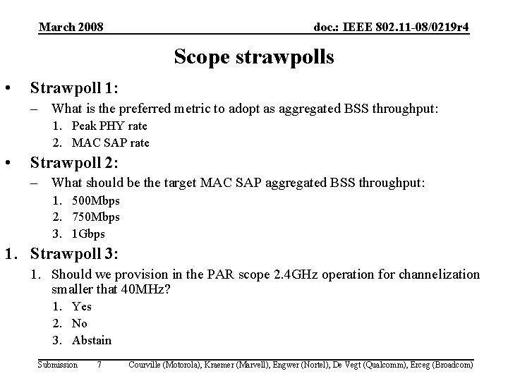 March 2008 doc. : IEEE 802. 11 -08/0219 r 4 Scope strawpolls • Strawpoll