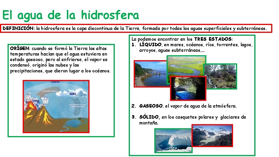 El agua de la hidrosfera DEFINICIÓN: la hidrosfera es la capa discontinua de la