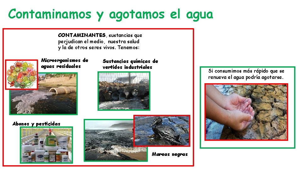 Contaminamos y agotamos el agua CONTAMINANTES, sustancias que perjudican el medio, nuestra salud y