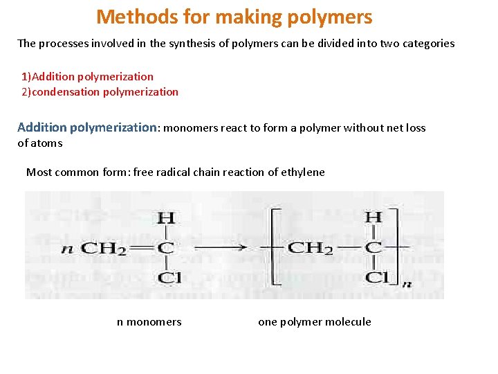 Methods for making polymers The processes involved in the synthesis of polymers can be