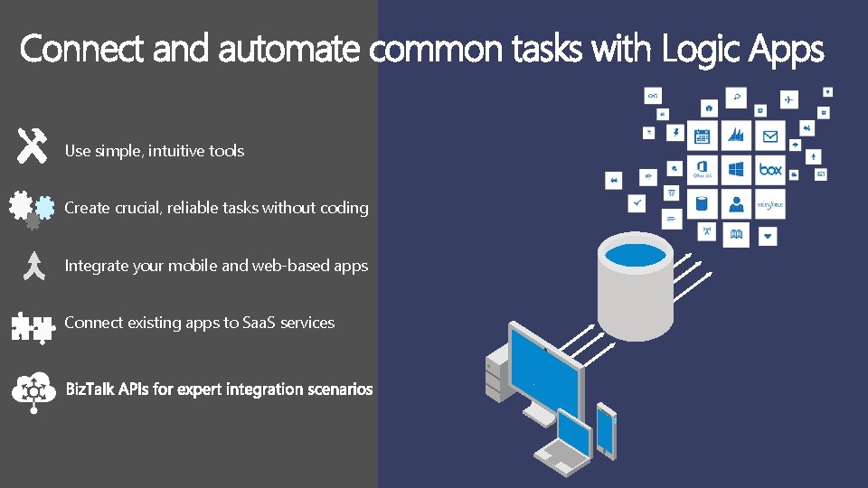 Connect and automate common tasks with Logic Apps Use simple, intuitive tools Create crucial,