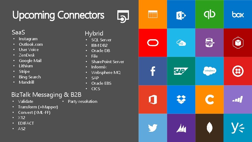 Upcoming Connectors Saa. S • • • Hybrid Instagram Outlook. com User Voice Zen.