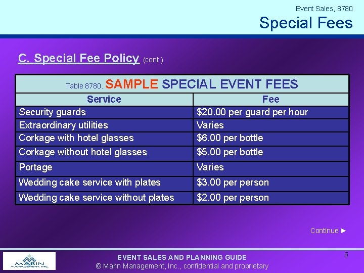 Event Sales, 8780 Special Fees C. Special Fee Policy (cont. ) Table 8780. SAMPLE