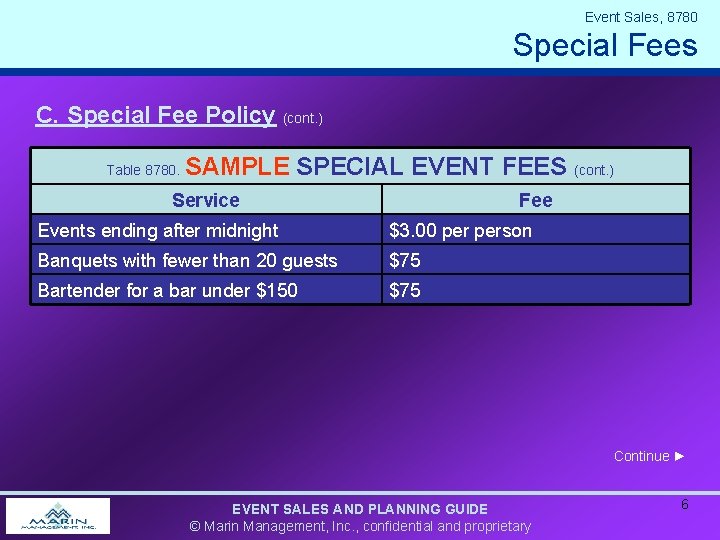 Event Sales, 8780 Special Fees C. Special Fee Policy (cont. ) Table 8780. SAMPLE