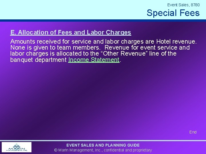 Event Sales, 8780 Special Fees E. Allocation of Fees and Labor Charges Amounts received