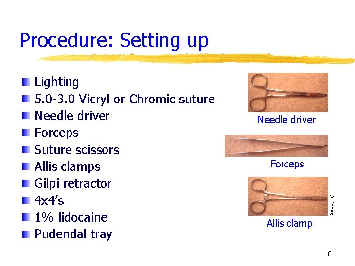 Procedure: Setting up Needle driver Forceps A. Jones Lighting 5. 0 -3. 0 Vicryl