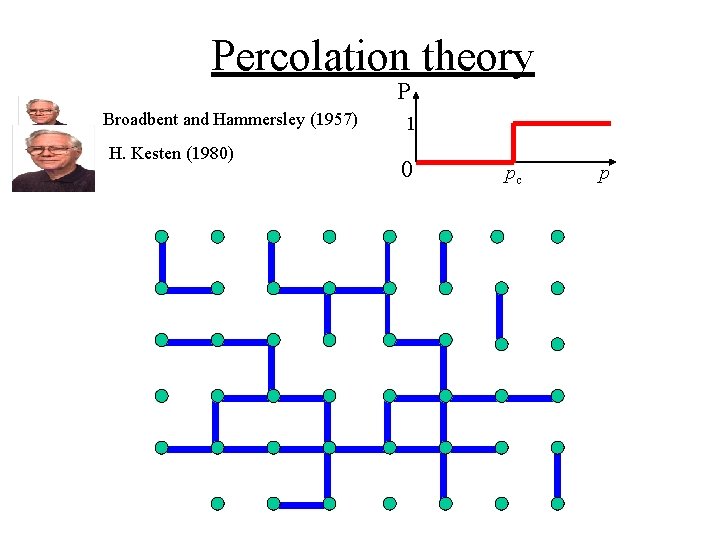 Percolation theory P Broadbent and Hammersley (1957) H. Kesten (1980) 1 0 pc p