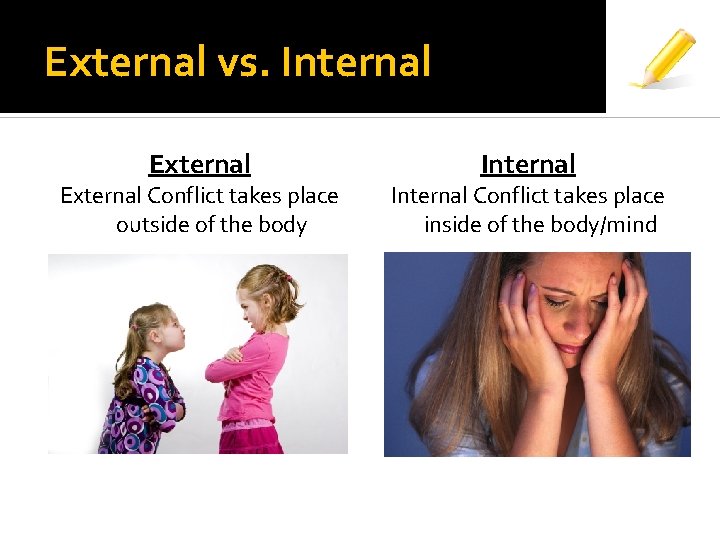 External vs. Internal External Conflict takes place outside of the body Internal Conflict takes