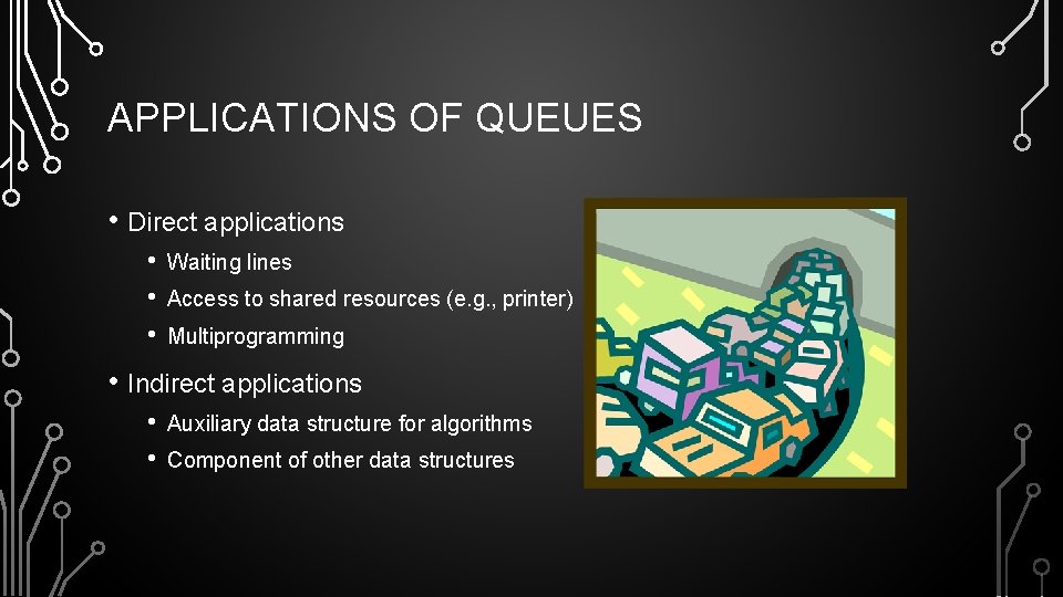 APPLICATIONS OF QUEUES • Direct applications • • • Waiting lines Access to shared