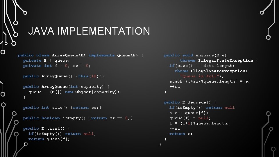 JAVA IMPLEMENTATION public class Array. Queue<E> implements Queue<E> { private E[] queue; private int