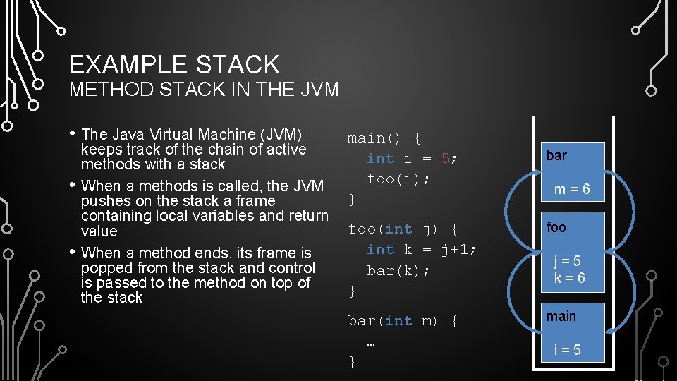 EXAMPLE STACK METHOD STACK IN THE JVM • The Java Virtual Machine (JVM) •