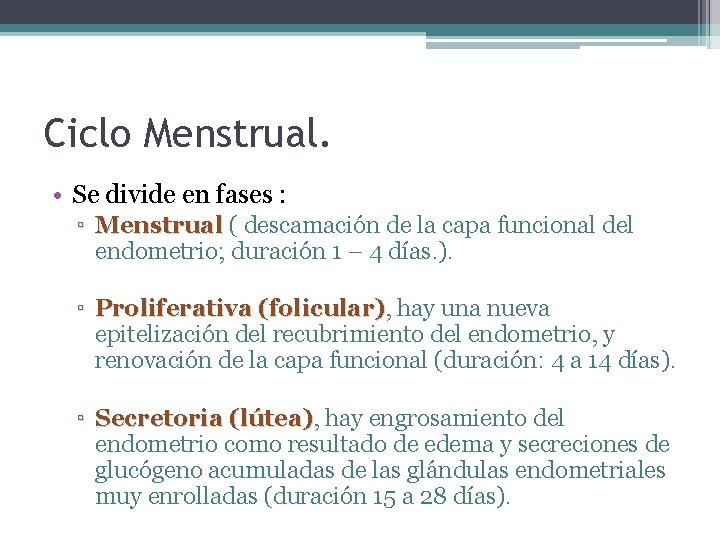 Ciclo Menstrual. • Se divide en fases : ▫ Menstrual ( descamación de la